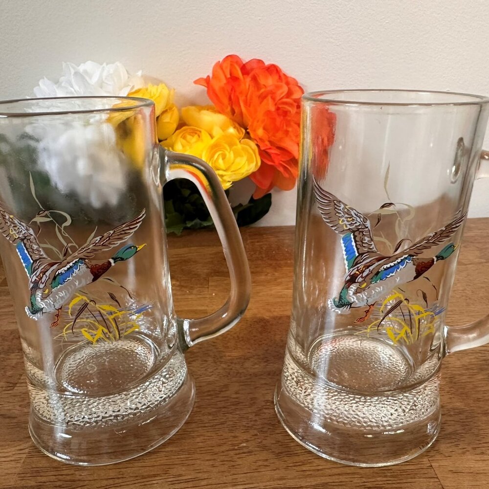 Vintage Beer Mugs with‎ Mallard Ducks Set of 2 12oz Glass Barware Hunting Decor